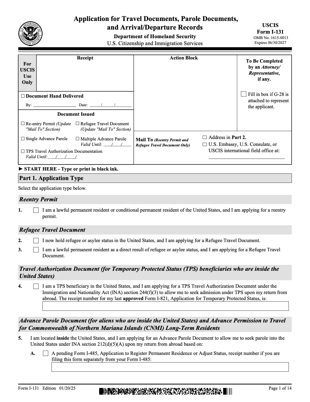 Official USCIS Form I-131, page 1