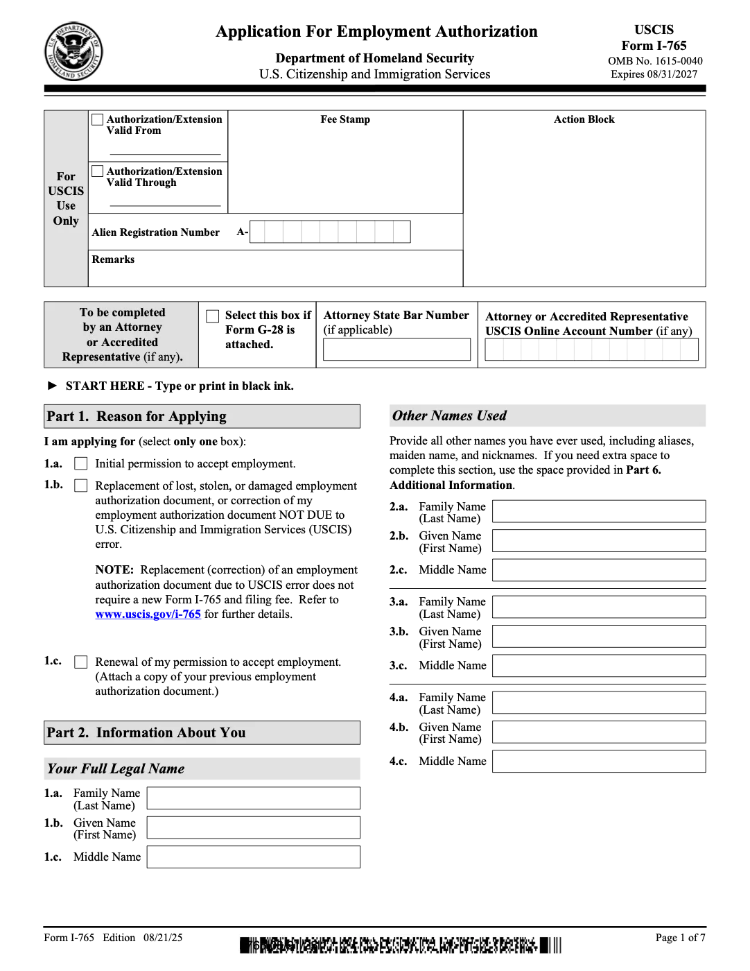 Official USCIS Form I-765, page 1